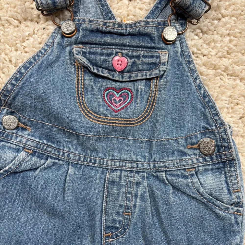 OshKosh B'gosh Baby Girl Denim Overalls Heart‎ Bird Tree Embroidery 9 Months
